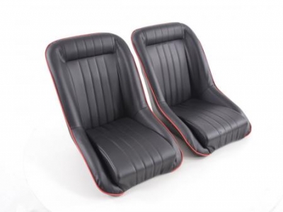 Retro sport istuimet (2kpl), musta, sauma punainen, FK-Automotive