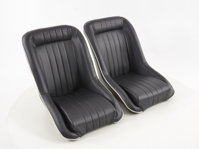 Retro sport istuimet (2kpl), musta, sauma valkoinen, FK-Automotive