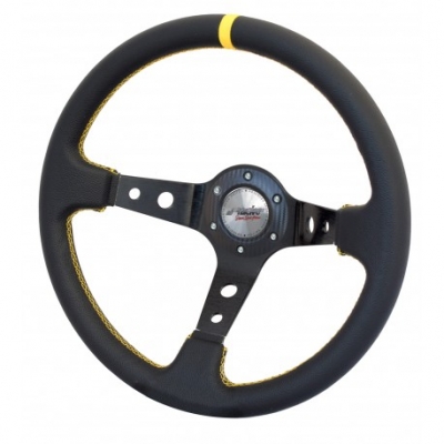 Sport ratti 350mm, syvyys 95mm musta nahka, keltaiset tikkaukset, Simoni Racing