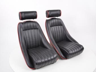 Retro sport istuimet (2kpl), musta, sauma punainen, FK-Automotive